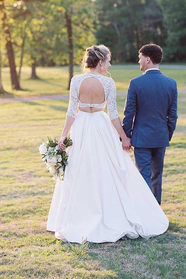 Vestido de novia de dos piezas, manga corta, transparente, con corpiño de encaje WD387
