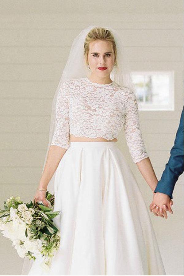 Vestido de novia de dos piezas, manga corta, transparente, con corpiño de encaje WD387