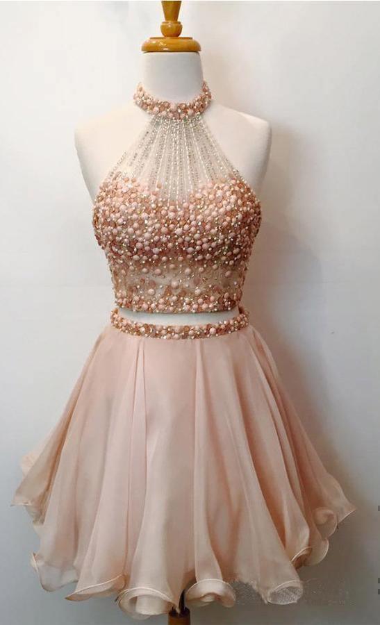 Vestidos cortos de fiesta de bienvenida de dos piezas con cuello halter, color rosa rubor