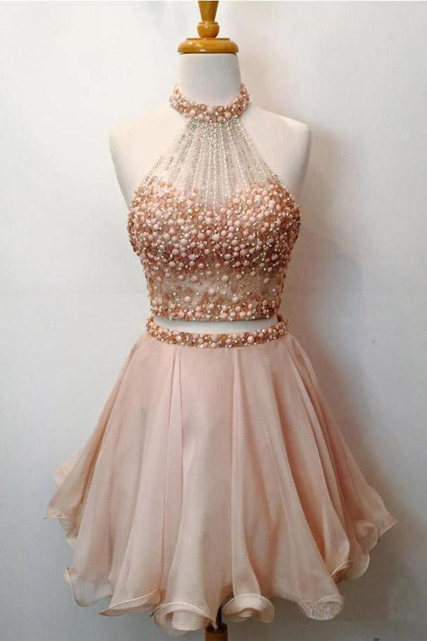Vestidos cortos de fiesta de bienvenida de dos piezas con cuello halter, color rosa rubor