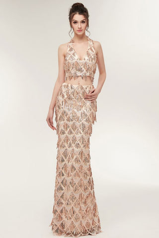 Robe de bal deux pièces sirène longue à sequins couleur champagne