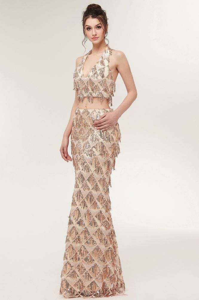 Robe de bal deux pièces sirène longue à sequins couleur champagne