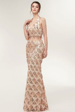 Robe de bal deux pièces sirène longue à sequins couleur champagne