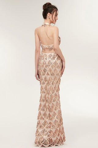 Robe de bal deux pièces sirène longue à sequins couleur champagne