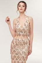 Robe de bal deux pièces sirène longue à sequins couleur champagne