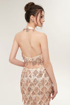 Robe de bal deux pièces sirène longue à sequins couleur champagne