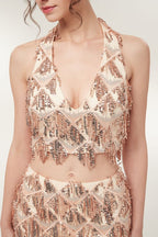 Robe de bal deux pièces sirène longue à sequins couleur champagne