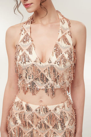 Robe de bal deux pièces sirène longue à sequins couleur champagne