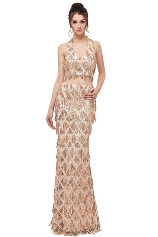 Robe de bal deux pièces sirène longue à sequins couleur champagne