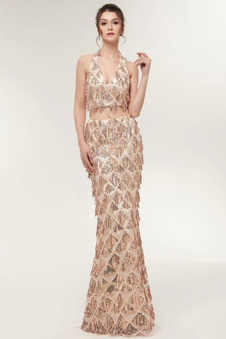 Robe de bal deux pièces sirène longue à sequins couleur champagne