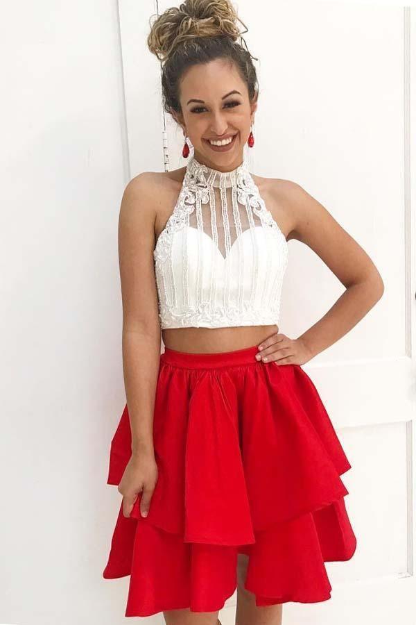 Robe de bal deux pièces en satin rouge à col montant et perles PD164
