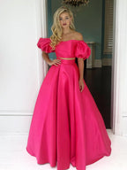 Vestidos de fiesta formales de satén de dos piezas, largos, de corte en A, con hombros descubiertos y mangas.