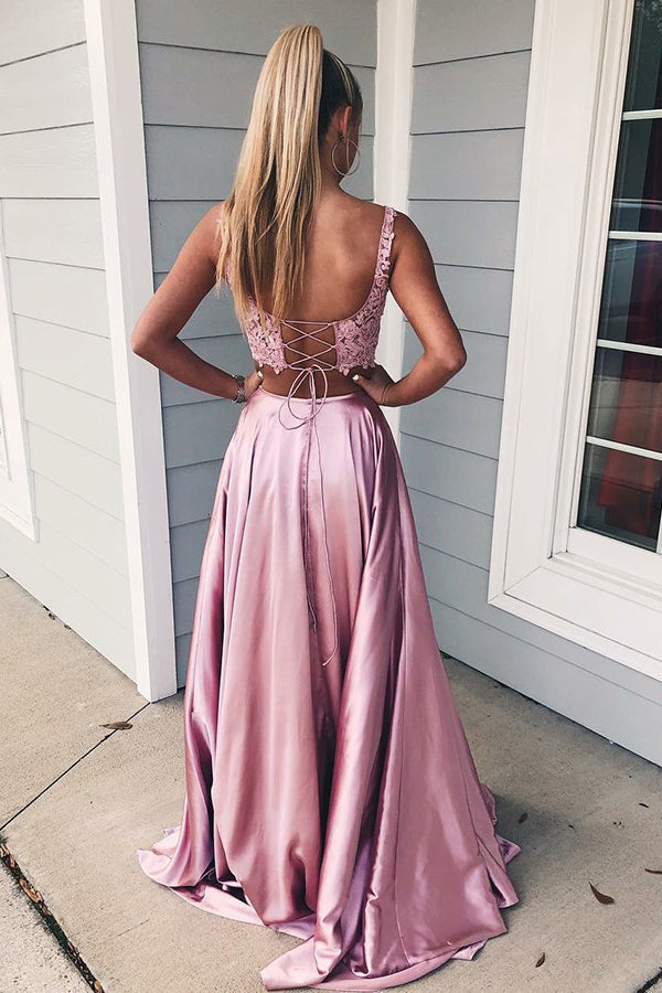 Robe de bal deux pièces longue trapèze, encolure carrée, fente sur le devant et poches