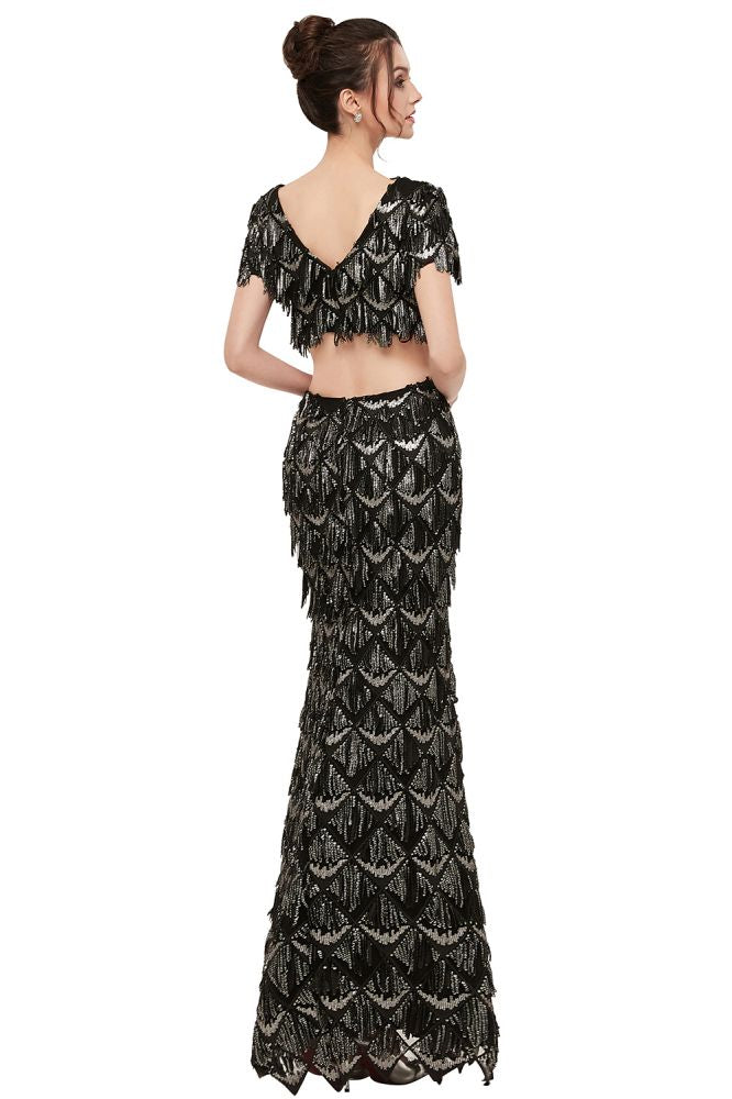 Robe de bal noire longue à sequins, deux pièces, col V sirène, manches courtes, style sirène.