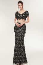 Robe de bal noire longue à sequins, deux pièces, col V sirène, manches courtes, style sirène.