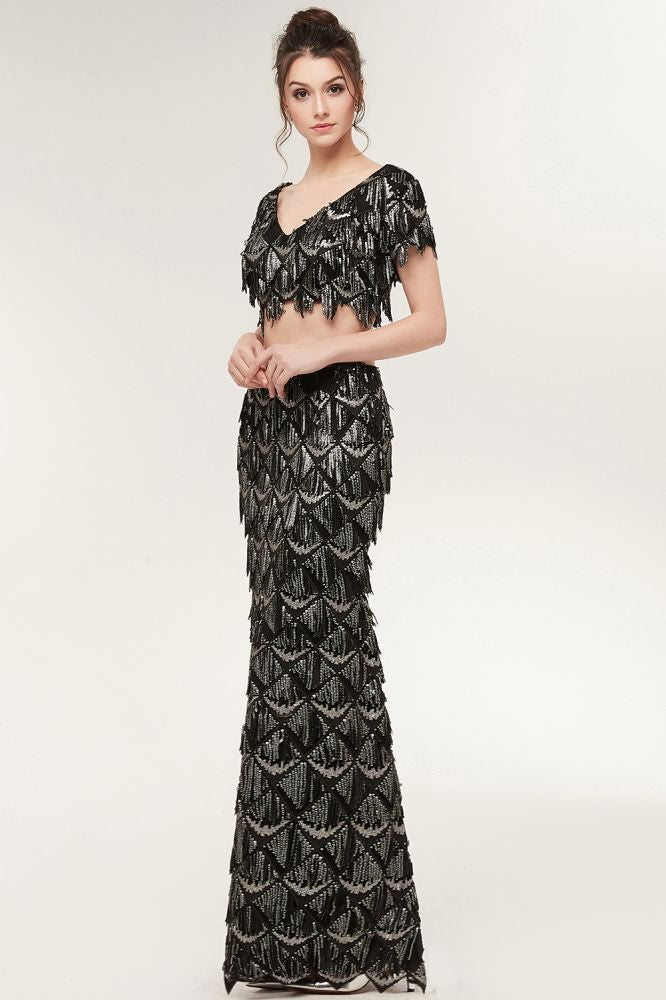 Robe de bal noire longue à sequins, deux pièces, col V sirène, manches courtes, style sirène.