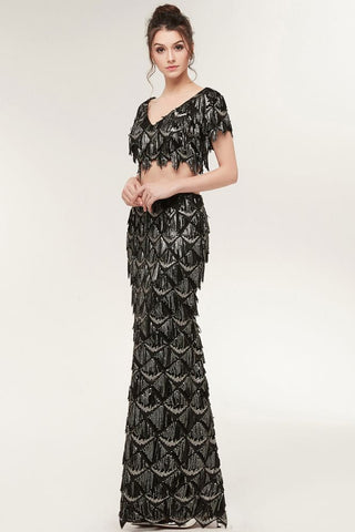 Vestido de fiesta negro largo de lentejuelas de dos piezas, estilo sirena, con escote en V y manga corta.