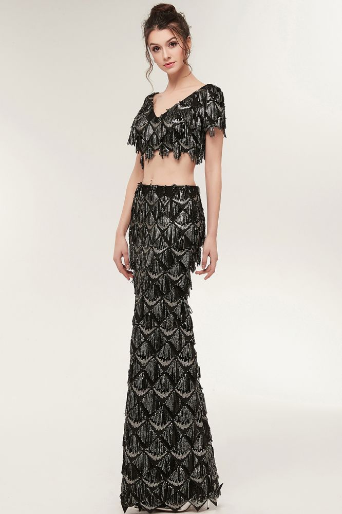 Robe de bal noire longue à sequins, deux pièces, col V sirène, manches courtes, style sirène.