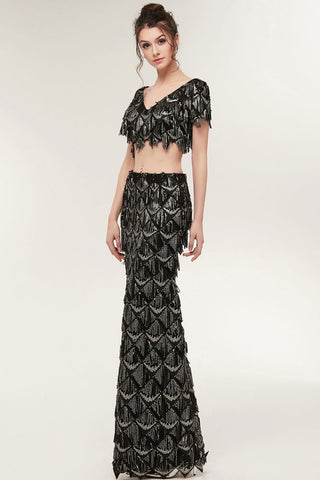 Vestido de fiesta negro largo de lentejuelas de dos piezas, estilo sirena, con escote en V y manga corta.