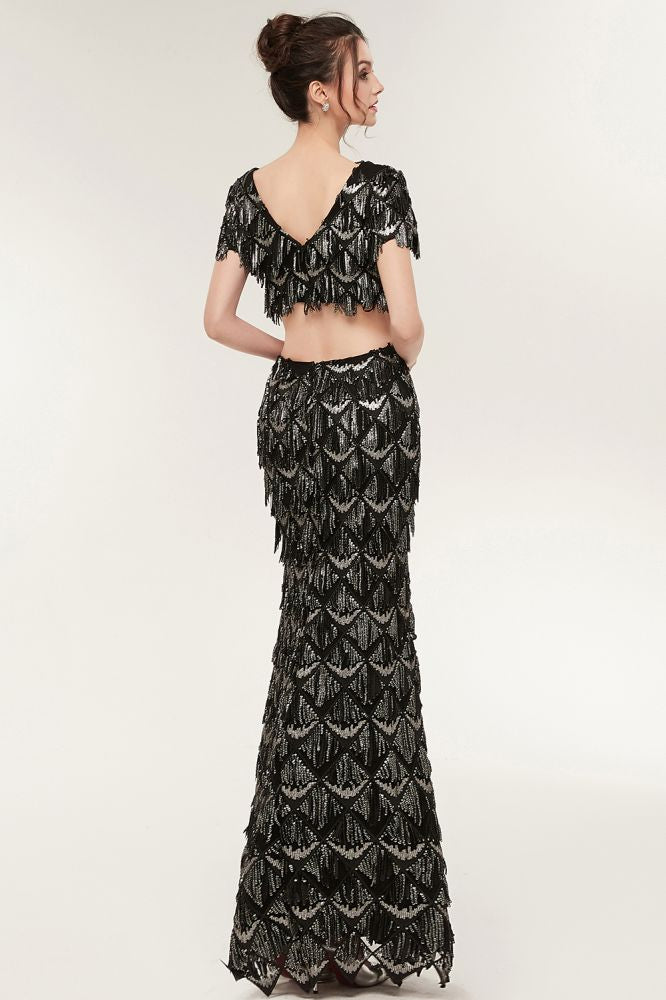 Robe de bal noire longue à sequins, deux pièces, col V sirène, manches courtes, style sirène.