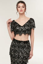 Robe de bal noire longue à sequins, deux pièces, col V sirène, manches courtes, style sirène.