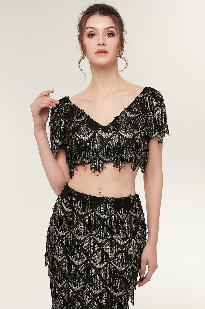 Robe de bal noire longue à sequins, deux pièces, col V sirène, manches courtes, style sirène.