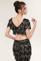 Robe de bal noire longue à sequins, deux pièces, col V sirène, manches courtes, style sirène.