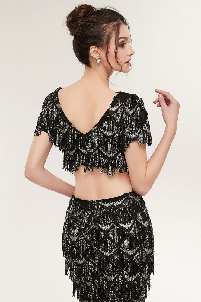 Robe de bal noire longue à sequins, deux pièces, col V sirène, manches courtes, style sirène.