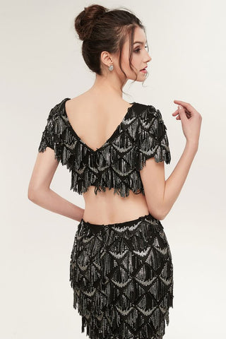 Vestido de fiesta negro largo de lentejuelas de dos piezas, estilo sirena, con escote en V y manga corta.