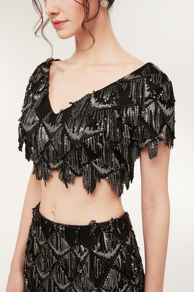 Robe de bal noire longue à sequins, deux pièces, col V sirène, manches courtes, style sirène.