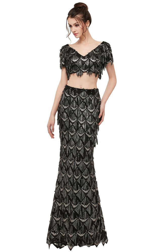 Robe de bal noire longue à sequins, deux pièces, col V sirène, manches courtes, style sirène.