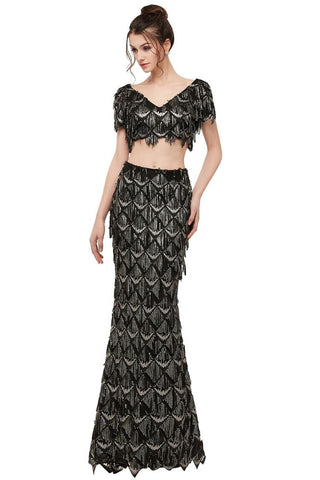 Vestido de fiesta negro largo de lentejuelas de dos piezas, estilo sirena, con escote en V y manga corta.