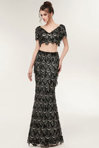 Robe de bal noire longue à sequins, deux pièces, col V sirène, manches courtes, style sirène.