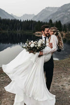 Robe deux pièces en mousseline ivoire à col rond et manches longues, haut en dentelle, référence WD416
