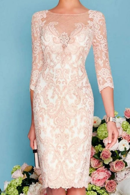 Robe fourreau/colonne deux pièces pour la mère de la mariée, longueur genou, en mousseline de soie et dentelle, manches 3/4