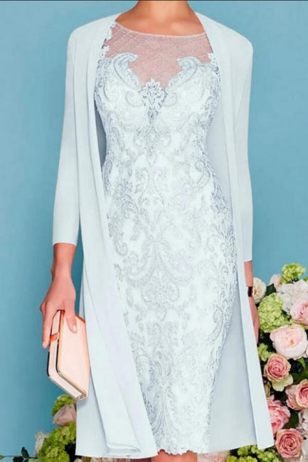 Robe fourreau/colonne deux pièces pour la mère de la mariée, longueur genou, en mousseline de soie et dentelle, manches 3/4