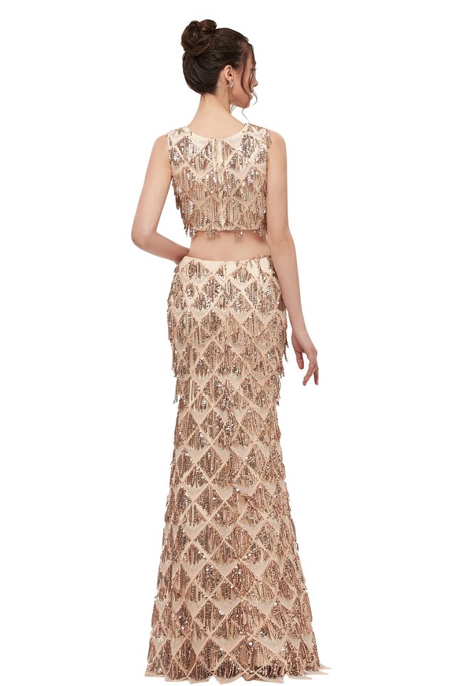 Robe de bal deux pièces sirène sans manches, longue jusqu'au sol, à sequins couleur champagne