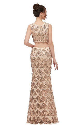 Vestidos de fiesta de dos piezas sin mangas, estilo sirena, con lentejuelas, color champán.