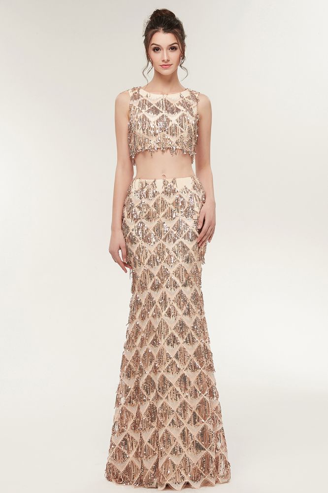 Robe de bal deux pièces sirène sans manches, longue jusqu'au sol, à sequins couleur champagne
