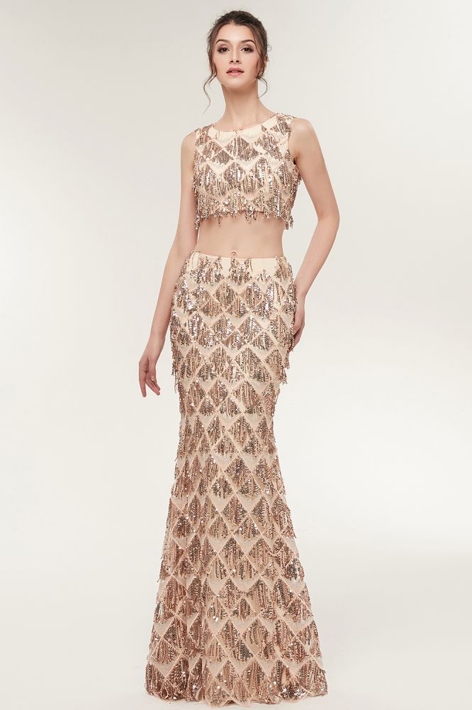 Robe de bal deux pièces sirène sans manches, longue jusqu'au sol, à sequins couleur champagne