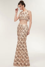 Robe de bal deux pièces sirène sans manches, longue jusqu'au sol, à sequins couleur champagne