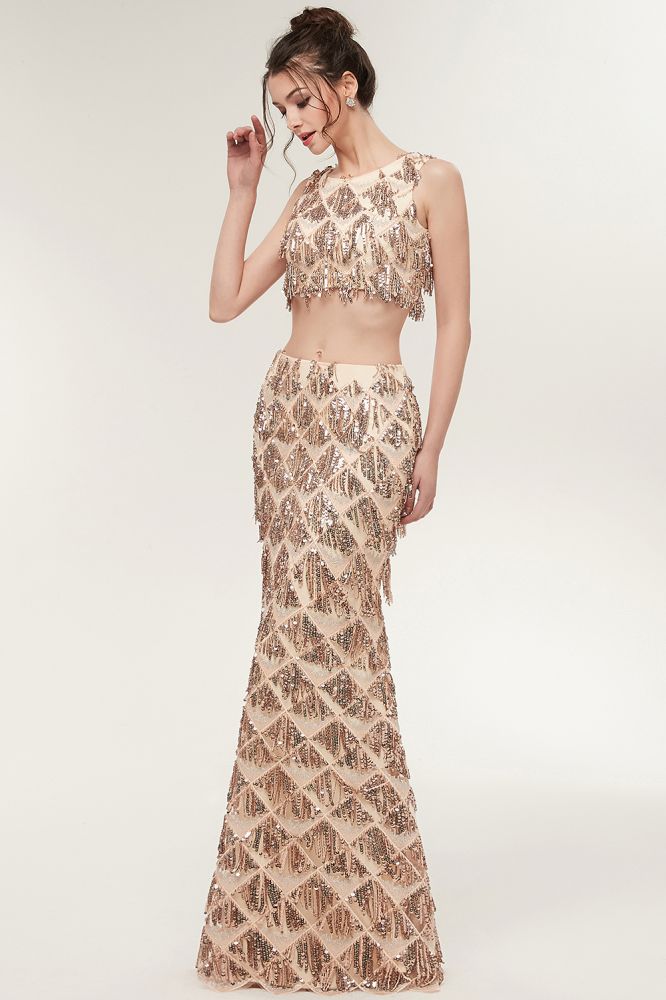 Robe de bal deux pièces sirène sans manches, longue jusqu'au sol, à sequins couleur champagne