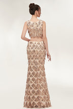 Robe de bal deux pièces sirène sans manches, longue jusqu'au sol, à sequins couleur champagne