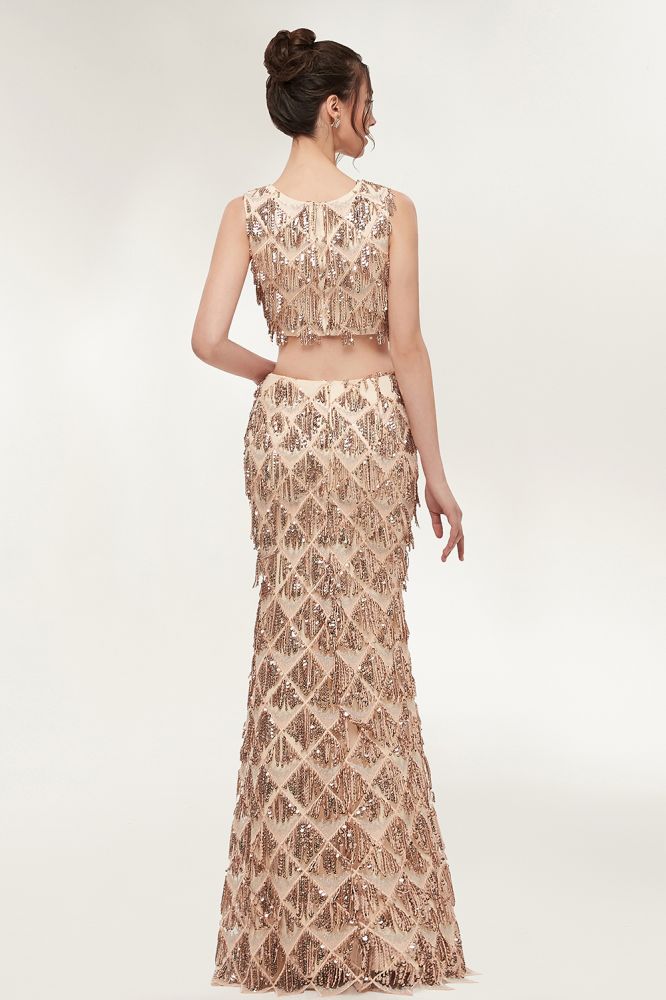 Robe de bal deux pièces sirène sans manches, longue jusqu'au sol, à sequins couleur champagne