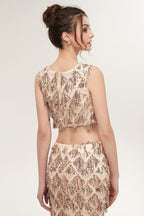 Robe de bal deux pièces sirène sans manches, longue jusqu'au sol, à sequins couleur champagne