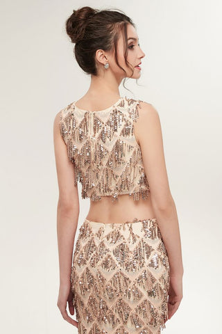 Vestidos de fiesta de dos piezas sin mangas, estilo sirena, con lentejuelas, color champán.