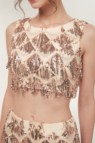 Vestidos de fiesta de dos piezas sin mangas, estilo sirena, con lentejuelas, color champán.