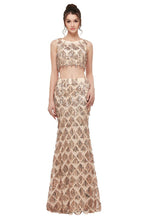 Robe de bal deux pièces sirène sans manches, longue jusqu'au sol, à sequins couleur champagne