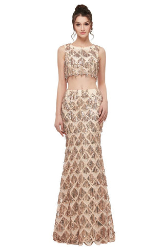 Vestidos de fiesta de dos piezas sin mangas, estilo sirena, con lentejuelas, color champán.