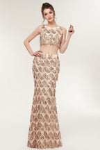 Robe de bal deux pièces sirène sans manches, longue jusqu'au sol, à sequins couleur champagne